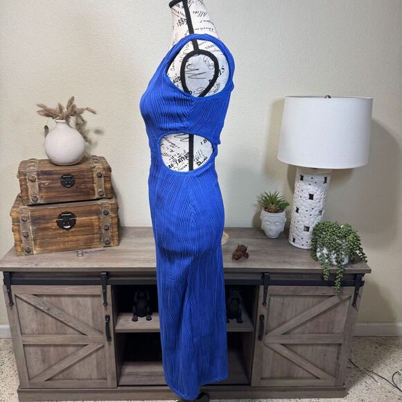 Hello Molly Fearlessly Hot Ribbed Midi Dress Blue Size 4 Cut out One Shoulder - Picture 4 of 7